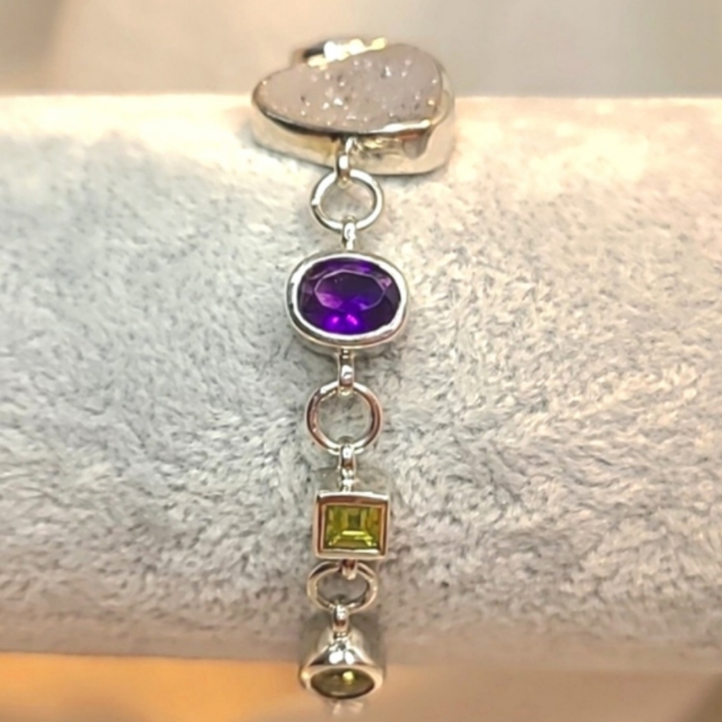 Unique Estate .925 Sterling Multi Gemstone Bracelet Adjustable 7